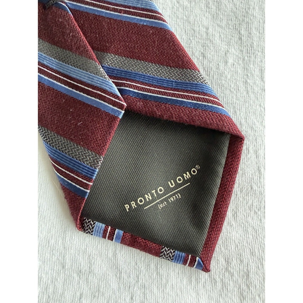 Pronto Uomo Burgundy Blue Striped Woven Repp Silk Blend Tie Necktie